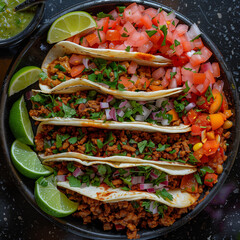 a vibrant tex-mex taco platter loaded with seasoned beef, fresh vegetables, and lime wedges, perfect for a flavorful meal