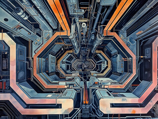 Wall Mural - A futuristic space station with a blue and orange color scheme. The space station is filled with many rooms and corridors, and the walls are made of metal. Scene is one of awe and wonder