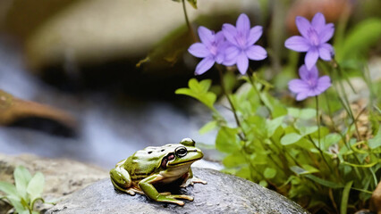 A green frog on a small rock by a brook with purple flowers in the foreground, widescreen 16:9, 300 dpi, with space for text