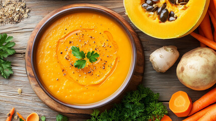 Wall Mural - Pumpkin and carrot Cream soup on rustic wooden table. top down view