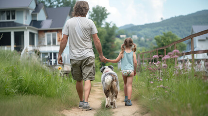 Canvas Print - family walking with their australian shepherd