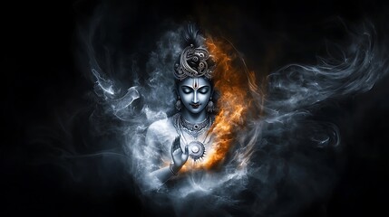 Wall Mural - artistic portrayal of lord krishna in his divine form, surrounded by an aura of light, holding the s