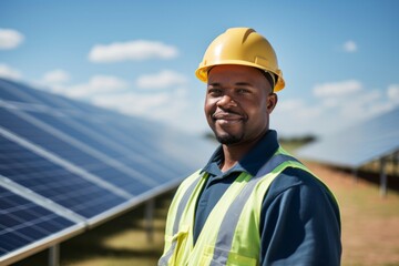 Wall Mural - Portrait of a middle aged male technician next to solar panels