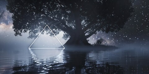 glowing white triangle of light floating in black space, water ripples and reflection