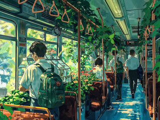 Wall Mural - A train with people on it and plants in the middle of the aisle. Scene is peaceful and relaxing