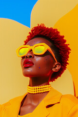 Wall Mural - A woman with red hair and yellow sunglasses is posing for a photo