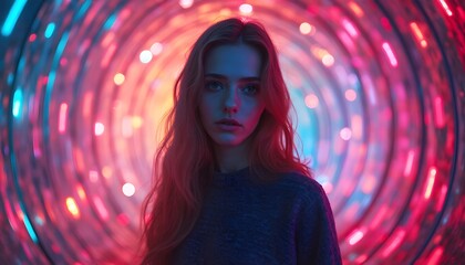  Young woman portrait in a neon tunnel bathed in vibrant, swirling colors