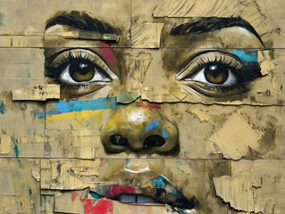 Wall Mural - A woman's face is painted on a wall with a lot of detail. The painting is a collage of different colors and textures, giving it a unique and artistic appearance