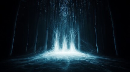 Wall Mural - mystical glowing symbols floating in a dark, eerie forest, abstract shapes forming ghostly figures, 