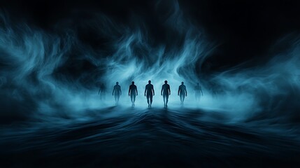 Wall Mural - mystical ghostly figures emerging from swirling fog, an abstract and eerie halloween landscape fille