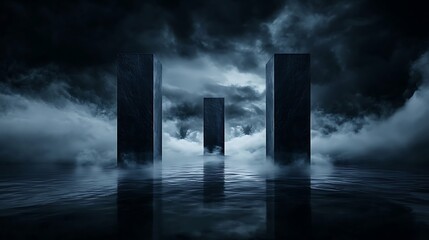 Wall Mural - Surreal floating tombstones in a dark, misty landscape, abstract and ominous, an eerie Halloween atmosphere with ghostly apparitions, copy space for text,