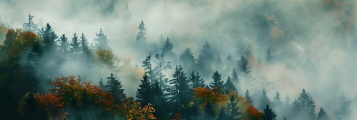 Wall Mural - Golden morning mist shrouds vibrant mountain forest