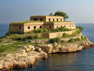 Wall Mural - A small building with a green roof sits on a rocky hill overlooking the ocean. The building appears to be abandoned and the surrounding area is overgrown with grass and weeds