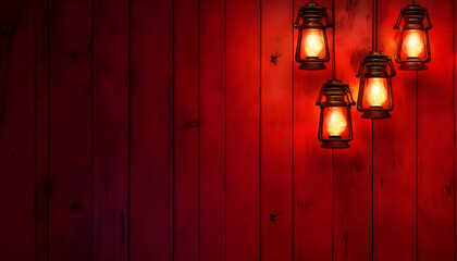 Illustration of small decorative lamps glowing against a red wooden background