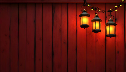 Illustration of small decorative lamps glowing against a red wooden background