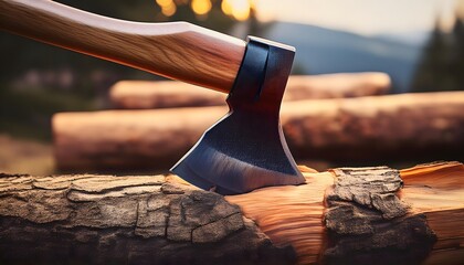 sharp axe embedded in tree stump during sunset in forest, woodcutting tool in outdoor nature setting, forestry and lumber industry concept