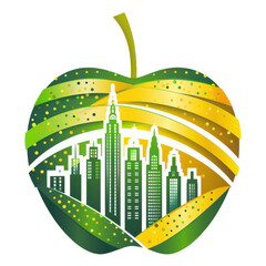 Green and yellow apple-shaped illustration with a stylized city skyline inside, blending urban architecture with natural elements