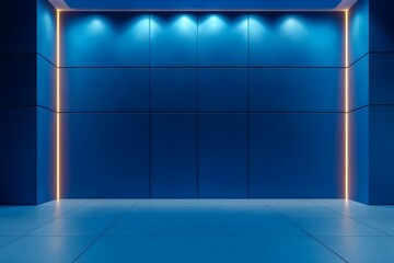 Wall Mural - Modern empty room with orange lights illuminating blue tiled wall background