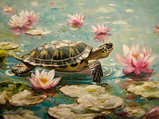 Canvas Print - A turtle is walking through a pond with pink flowers. The scene is peaceful and serene, with the turtle being the main focus of the image