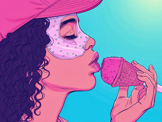 Sticker - A woman in a mask is eating an ice cream cone. The image has a playful and fun mood, as the woman is wearing a mask and holding an ice cream cone