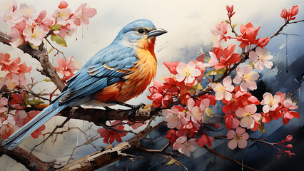Naklejka na meble Chusonji Konjikidou - bird, bluebird, flowers, branch, nature, spring, blossom, floral, wildlife, pink flowers, blue feathers, orange feathers, perched, blooming tree