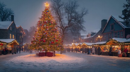 Glowing Christmas Tree in Festive Town Square