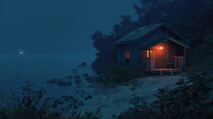 Poster - Cabin by the Lake at Night