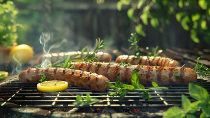 Grilled Sausages with Herbs and Lemon on a BBQ Grill