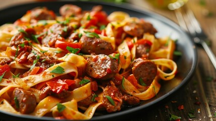 Wall Mural - Close-up of Fettuccine Pasta with Italian Sausage and Red Peppers