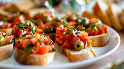 Wall Mural - Close-up of Bruschetta with Tomatoes, Basil, and Olives