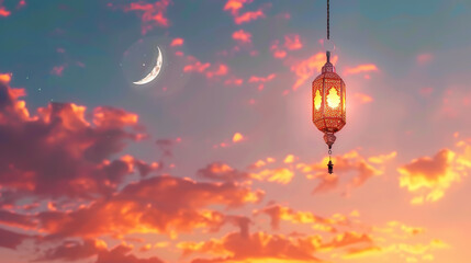 Poster - Crescent Moon and Lantern in a Vibrant Sky