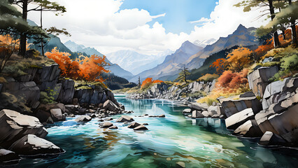 Wall Mural - Kurobe Gorge - nature, landscape, mountains, river, water, trees, forest, sky, clouds, rocks, scenery, autumn, outdoors, wilderness, serene, reflection, scenic