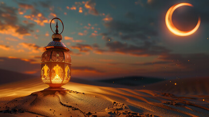 Canvas Print - Lantern in the Desert Under a Crescent Moon