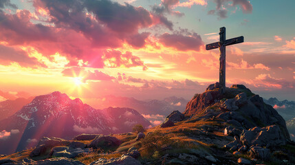 Canvas Print - Sunset Over Mountain Peak with Cross