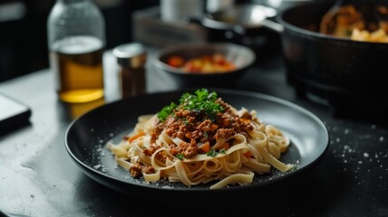 Wall Mural - Fettuccine Pasta with Bolognese Sauce and Parsley Garnish