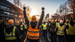 © JKLoma - Construction workers smiling in yellow vests and vests raise their hands in the air at construction site.generative ai