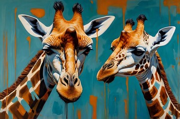 Vibrant, abstract painting featuring two giraffes as the main subjects