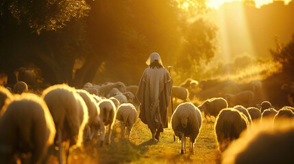 Poster - Shepherd Guiding Flock Towards Golden Sunset