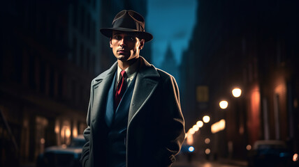 a vintage Hollywood gangster on a dimly lit New York street.generative ai