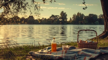  A scenic picnic spot by the lake with a blanket, a basket, and a bottle of juicy juice 