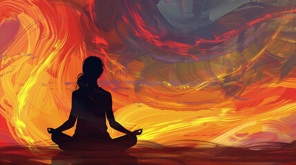 Poster - Woman Meditating in a Surreal Sunset