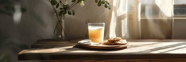 Wall Mural -  A cozy kitchen nook with a glass of juicy juice and a plate of cookies 