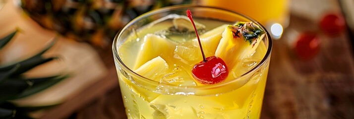 Wall Mural -  A glass of pineapple juice with pineapple chunks and a maraschino cherry 