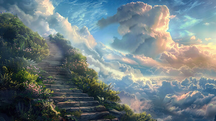 Canvas Print - Stairway to Heaven, a Path Through Clouds