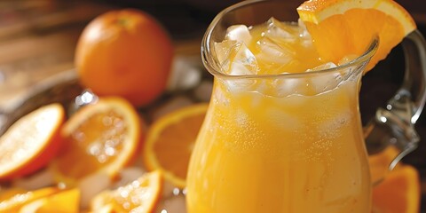 Wall Mural -  A pitcher of fresh orange juice with pulp and orange slices 