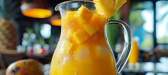 Wall Mural -  A pitcher of tropical juice, filled with chunks of pineapple and mango 