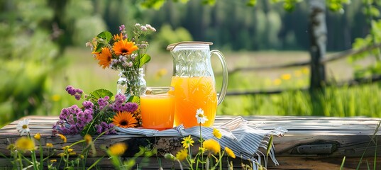 Wall Mural -  A rustic wooden table with a pitcher of juicy juice and a bouquet of wildflowers 