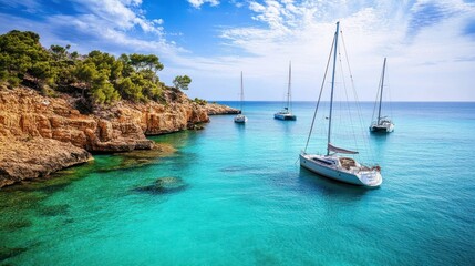 Wall Mural - Sailboats Anchored in a Turquoise Bay