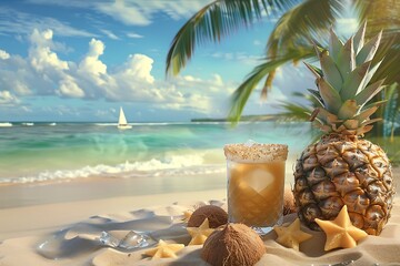 Wall Mural -  A tropical paradise with a coconut, pineapple, and a glass of juicy juice on a sandy beach 