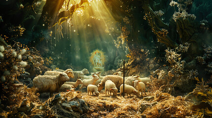 Wall Mural - A Festive Scene of Sheep and a Cross in a Forest Setting